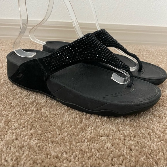 Fitflop | Black Crystal Embellished Flip Flops Size 8 - Picture 1 of 7